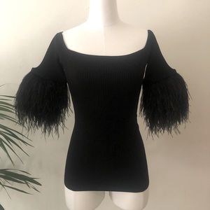 🖤 Super cute black ostrich’s feather 3/4 sleeve rib knit top sz S